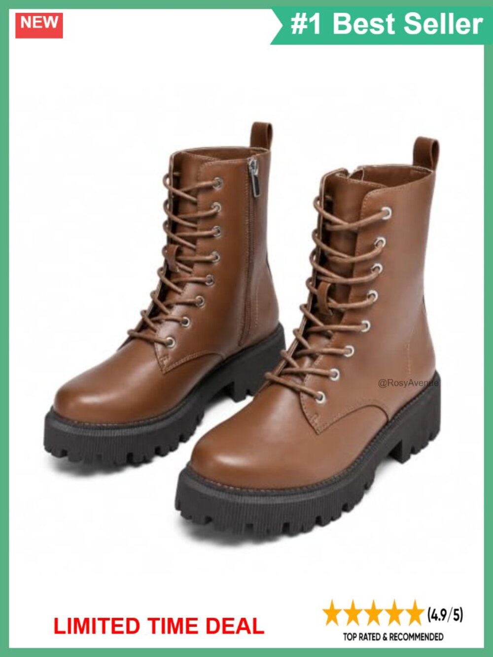 Women's Mid Calf Combat Boots PU Leather Chunky Platform Lace Up